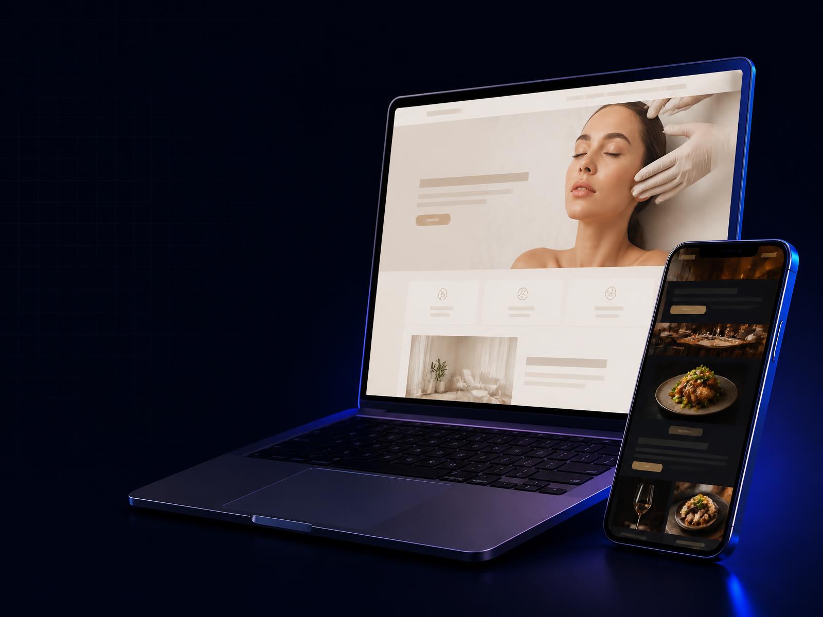 Notebook e celular exibindo sites profissionais criados pelo SiteLab para uma clínica de estética e um restaurante