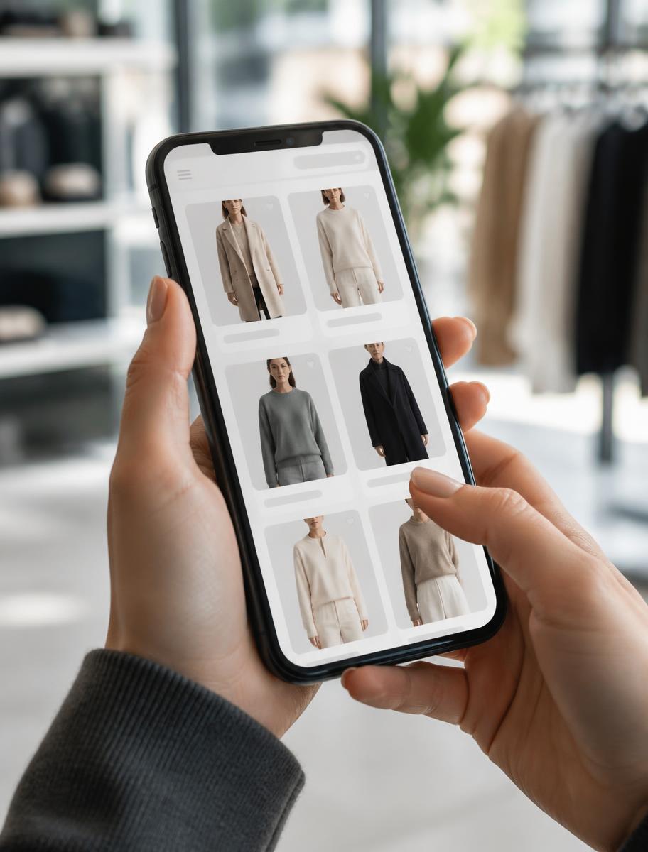 Cliente navegando por uma loja virtual de roupas pelo celular dentro de uma loja física
